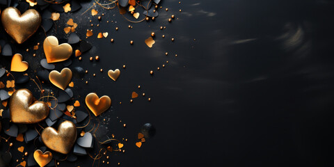valentines day festive background with gold and black hearts on dark background - 652046881