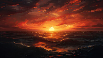 Sunset over a vast ocean, where the horizon melts into liquid gold.  AI generative