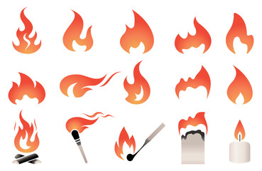 Fire icons set. Flames of fire collection of vector symbols. Burning match and paper, candle flame, flaming torch, bonfire. Isolated. Vector illustration