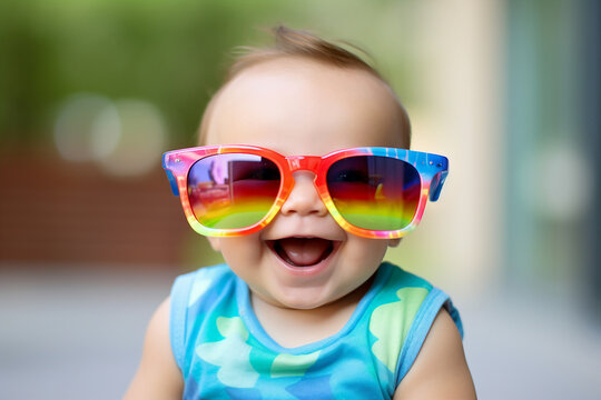 Picture of nice cheerful cute baby in big fashionable colorful glasses having fun good mood generative AI technology