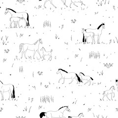 Seamless black and white vector pattern, mares with foals walking in a meadow