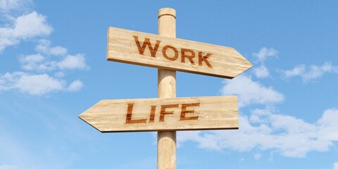 Life and work text on wooden sign post with sky background, life work balance concept, career business decision