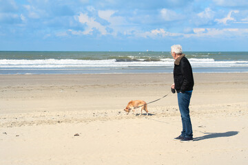 Senior man with his dog at the beach