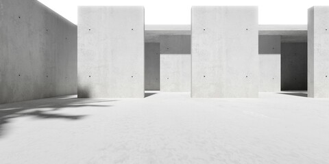 Abstract empty, modern concrete courtyard room with rows of wide pillars and rough floor - industrial interior background template