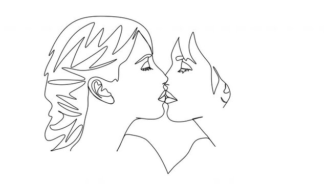 Continuous line two girls kiss line art animation. One line art.