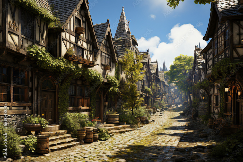 Poster medieval village background environment for computer mobile game generative ai picture