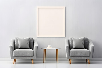 Minimalist background with comfortable chairs next to a coffee table and a frame hanging on the wall with white space for graphics or text.generative ai
