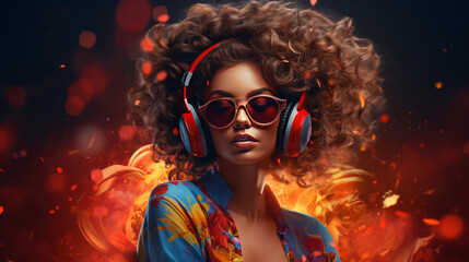 beautiful curly girl in headphones and sunglasses on colorful background, Dj girl