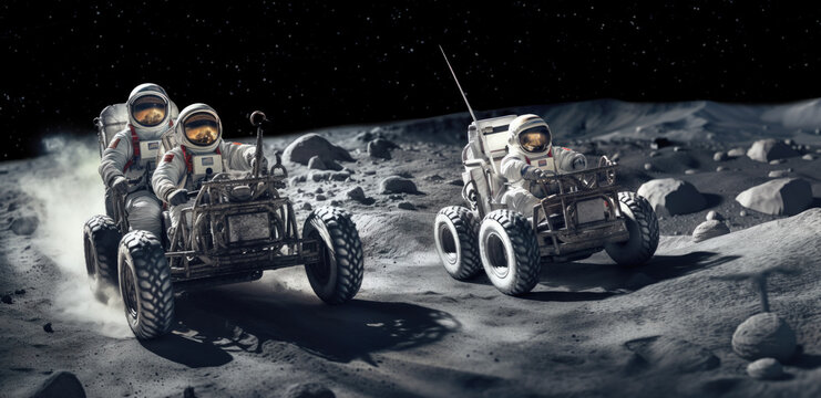 Astronauts driving buggies in a daring race across the moon's barren landscape, illustrating space travel and exploration themes