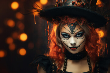Naklejka premium Creative generative ai collage of witch lady celebrate halloween midnight doing ritual