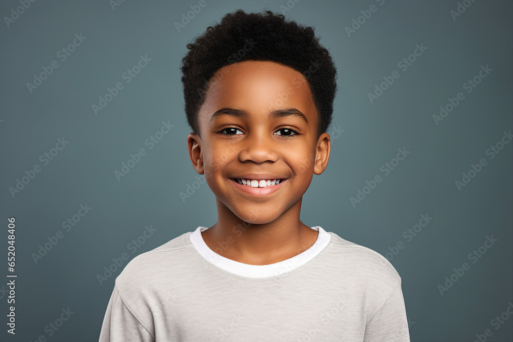 Poster portrait made with generative ai of a cute cheerful smiling small boy isolated on dark grey backgrou