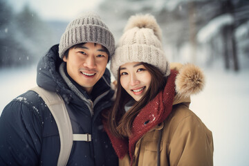 Fototapeta premium Image generative AI concept of young happy sweet couple in love walking cuddling in the park
