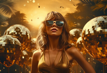 sexy woman in golden dress on open air event party. Perfect for stylish club, disco, fashion events - obrazy, fototapety, plakaty