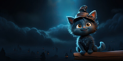 Halloween banner template, cute black cartoon witch cat, night background