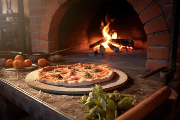 Foto auf Acrylglas Freshly made margherita pizza with basil and cheese on a board against the background of a burning wood oven and elements of ingredients.generative ai  © Ivan
