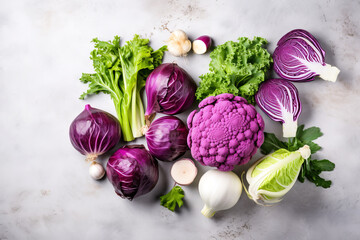 purple and green vegetables, cabbage, leek, onion and other purple and green vegetables on a beautiful background with space for text or inscriptions.generative ai
