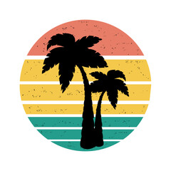 Two black palm trees on bright retro circle with faded paper effect . One from the collection for travel. Vector illustration