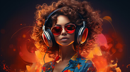 beautiful curly girl in headphones and sunglasses on colorful background, Dj girl