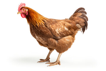 Live red hen isolated on white background, close up view.generative ai