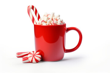 Beautiful festive red mug with hot chocolate, marshmallows and candies isolated on white background with space for graphics, text or inscriptions.generative ai
