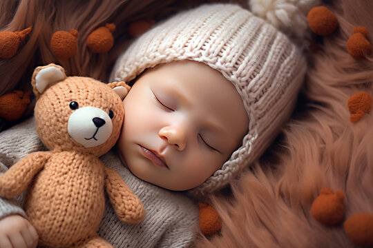 Portrait Of A Sleeping Baby With A Teddy Bear On A Beautiful Background, View From Above.generative Ai
