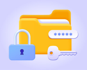 Folder with files protected by password, personal data security. 3d icon for landing page. Three dimensional vector illustration collection for website, print, banner, software, application
