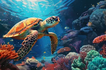 Foto op Canvas Sea turtle explores the depths above a lush and diverse underwater garden, showcasing a vibrant and peaceful aquatic ecosystem © ChaoticDesignStudio