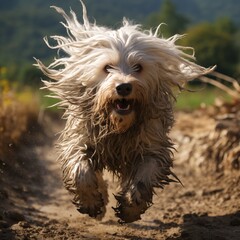 White dog of the Komondor breed, or Hungarian Shepherd. An animal with unusual hair in the form of dreadlocks. A fluffy long-haired dog runs across the field and guards the herd.