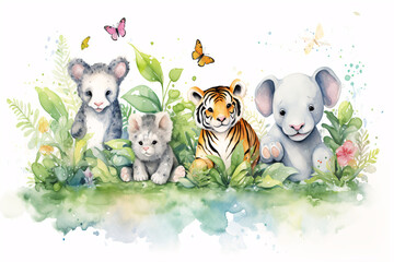 Group of Animals Watercolor Illustration, generative ai