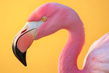 Close-up of a beautiful pink flamingo with a yellow background.