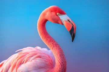 Gordijnen Closeup of a pink flamingo with a blue sky © miriam artgraphy