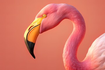 Closeup of a pink flamingo with a pink background