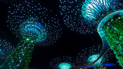 Gardens by the bay supertrees during garden rhapsody light show at night. Famous tourist attraction in Singapore.  - obrazy, fototapety, plakaty