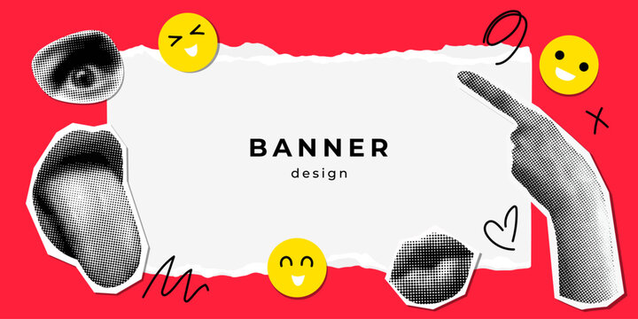 Modern banner design with halftone body parts. Background with hand, lips, eye. Kissing lips. Tongue stuck out. Y2K style. Vintage newspaper parts. Torn paper. Retro halftone collage. Comics style