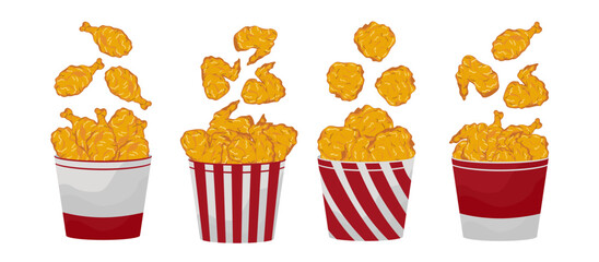 Cartoon set of crispy fried chicken splashing out of the bucket in 4 different ways. Side view. Crunchy fast food, wings, thighs, thighs, delicious fried chicken dishes. Frame vector illustration. © Eero_iam