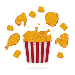 Cartoon set of crispy fried chicken splashing out of the bucket side view Crunchy fast food, wings, thighs, thighs, chicken nuggets, chicken pops, delicious food menus. inverter illustration.