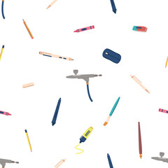 Seamless Pattern Featuring Vibrant Writing Tools Pens, Pencils, And Brushes. Perfect For Creative Minds And Stationery