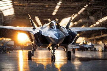 Fototapeta premium F22 Raptor parked inside a military hangar bokeh. ai generative