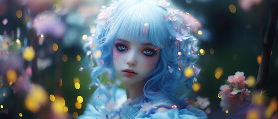 Pretty young teen cosplay as an enchanted fairy princess with bright curly blue hair and radiant eyes, surrounded by magical floating garden flowers, pale skin with pink blush cheeks . 