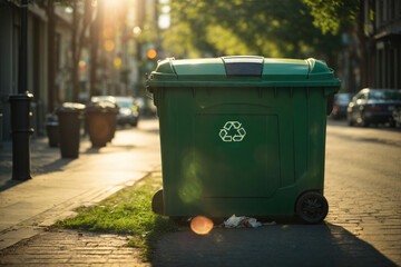 Green recycling bin on the street. ai generative