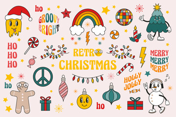 Retro christmas stickers. Groovy hippie set. Christmas tree, gingerbread man, snowman. Cartoon vector illustration. Merry Christmas and Happy New Year