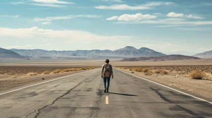 Fototapeten A person walking along an empty road in a desolate landscape with blue sky © 18042011