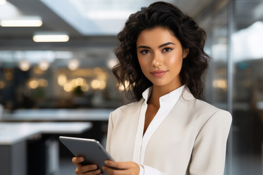 Professional woman wearing business suit confidently holds tablet computer. This versatile image can be used to represent technology, business, communication, and modern work environments.