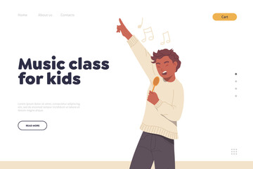 Music class for kids online service landing page design template with happy boy singing at home
