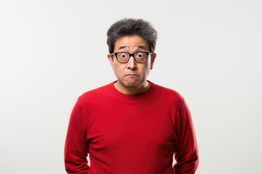Man wearing red shirt and glasses is posing for picture. This image can be used for various purposes.