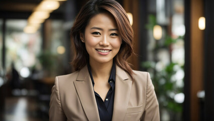 Bellissima donna giapponese in affari in ufficio con vestito elegante
