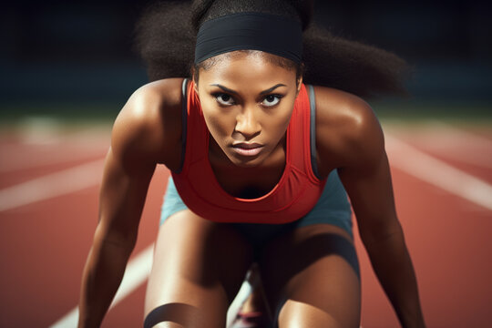 Woman wearing red top and blue shorts is pictured on track. This image can be used to represent fitness, exercise, running, athletics, or sports activities.
