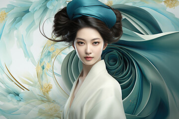 Woman is pictured wearing blue hat and white robe. This image can be used for various purposes.