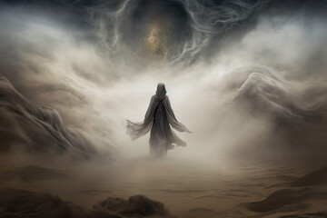 Scary shadow wandering in ethereal sandstorm world of dust angel of Death Generative IA