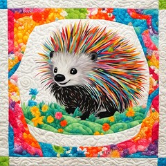 Cute baby porcupine whimsical quilt block with quilted border. Vibrant colors. Cheater cloth or fabric for quilting pattern or sewing panel.  - obrazy, fototapety, plakaty
